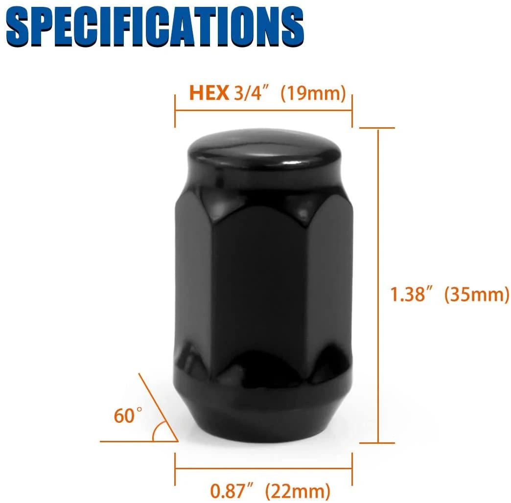 Black Bulge Acorn 3/4&quot; 19mm Hex 1.38&quot; Tall M12X1.5 Lug Nuts